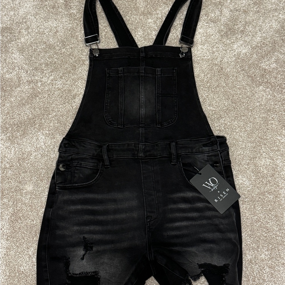 Black Denim Short Overalls